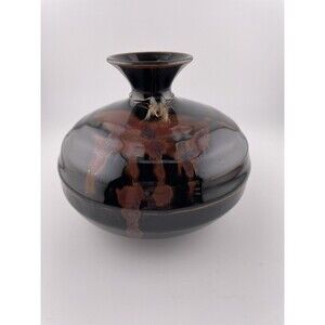 Pottery Vase Jar Brown Drip Glaze Signed Initialed RB
